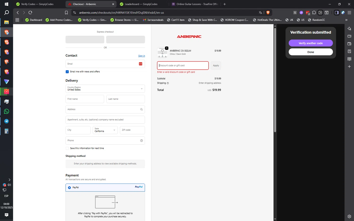 Anbernic discount code screenshot showing code MOON5 applied at Anbernic checkout page. Uploaded by SimplyCodes community member ilarrazaM2 on Oct 12, 2025