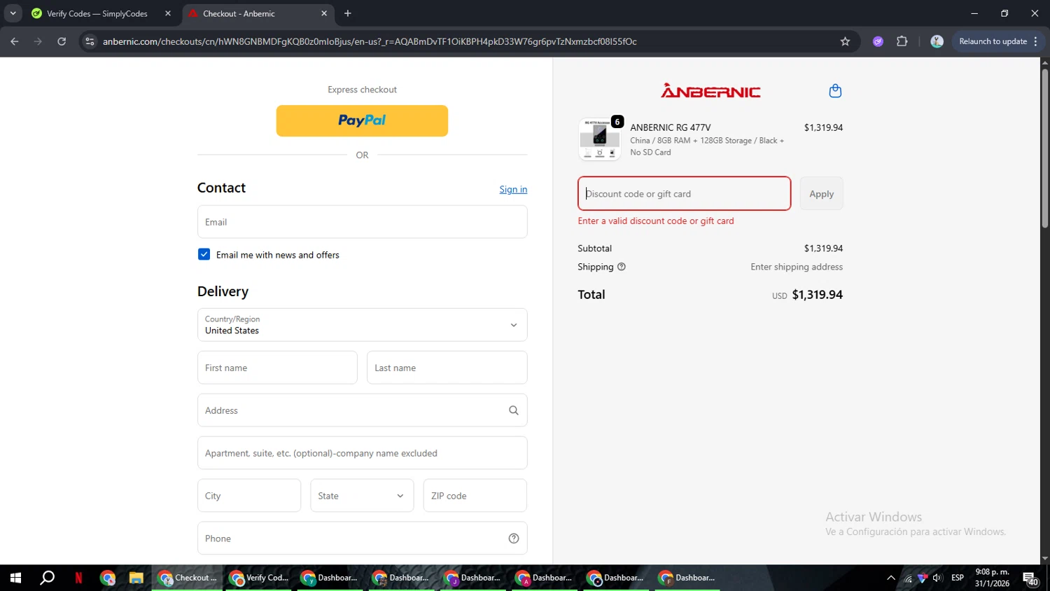 Anbernic promo code screenshot showing code JORDANDOE applied at Anbernic checkout page. Uploaded by SimplyCodes community member ShrewdSeeker6165 on Feb 1, 2026