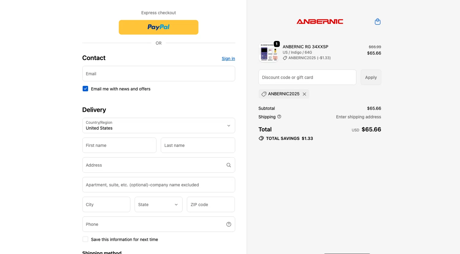 Anbernic discount code screenshot showing code Anbernic2025 applied at Anbernic checkout page. Uploaded by SimplyCodes community member ELOIN777 on Dec 6, 2025