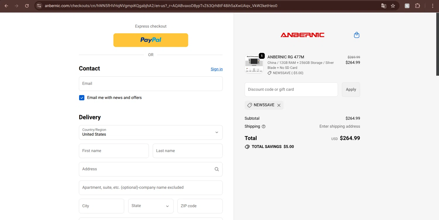 Anbernic discount code screenshot showing code new5save applied at Anbernic checkout page. Uploaded by SimplyCodes community member Mongomery on Dec 5, 2025