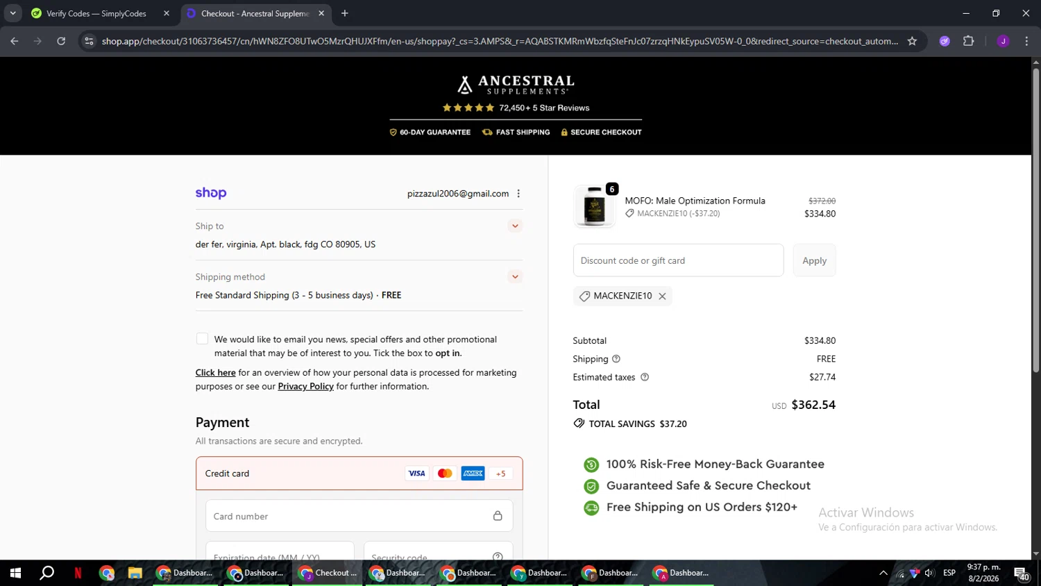 Ancestral Supplements checkout page showing Ancestral Supplements discount code box | Screenshot taken by SimplyCodes community member on Feb 9, 2026