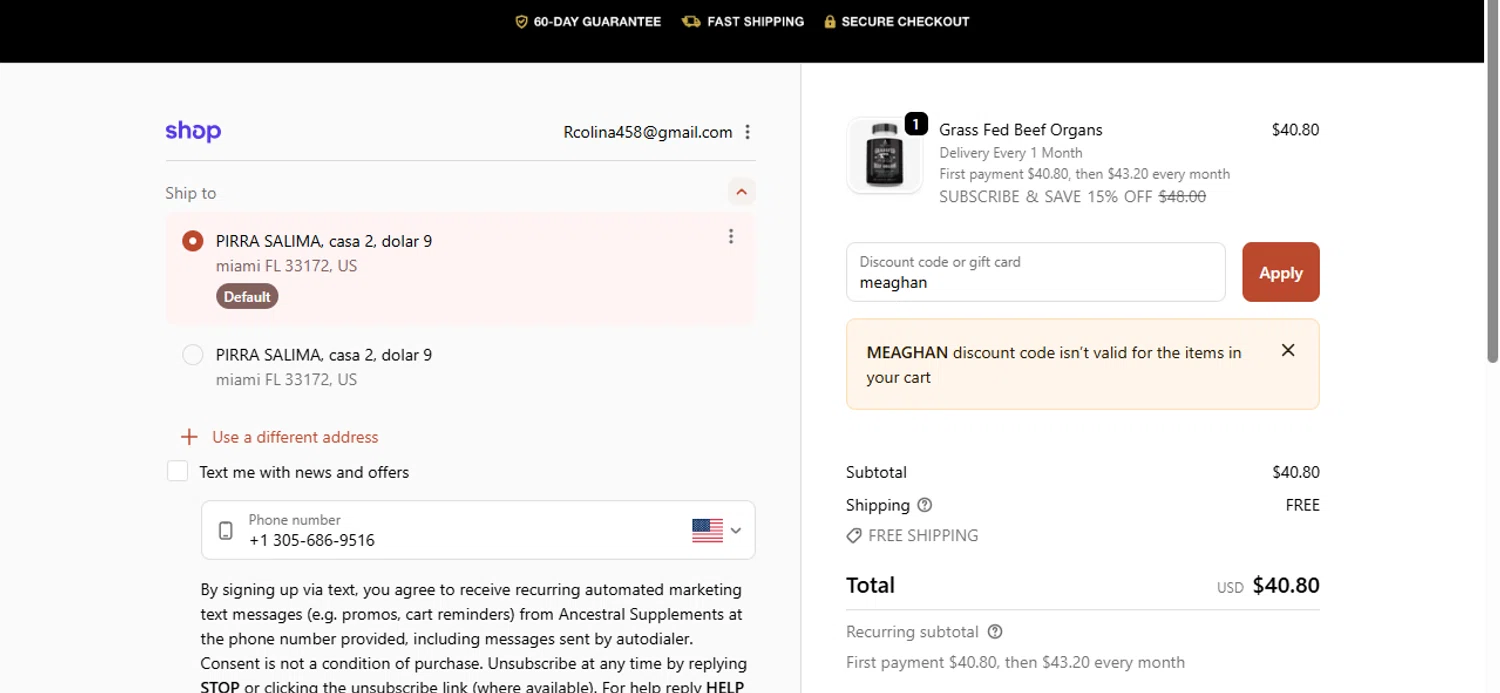 Ancestral Supplements discount code screenshot showing code meaghan applied at Ancestral Supplements checkout page. Uploaded by SimplyCodes community member ScanGenius949 on Oct 6, 2025