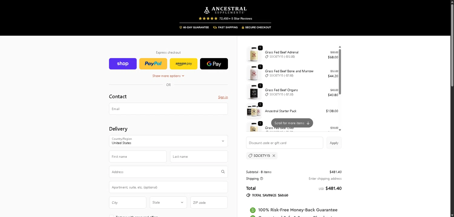 Ancestral Supplements checkout page showing Ancestral Supplements discount code box | Screenshot taken by SimplyCodes community member on Feb 9, 2026