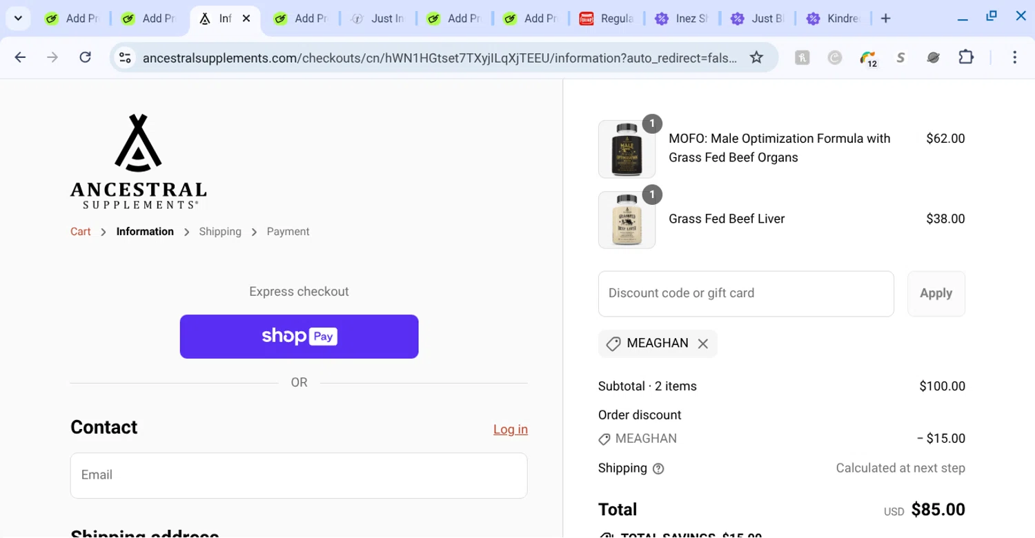 Ancestral Supplements discount code screenshot showing code meaghan applied at Ancestral Supplements checkout page. Uploaded by SimplyCodes community member KarinaHZ on Aug 1, 2025