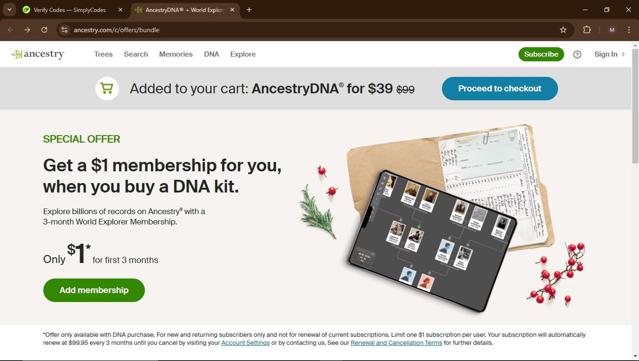 Ancestry.com checkout page showing Ancestry.com coupon code box | Screenshot taken by SimplyCodes community member on Nov 17, 2024