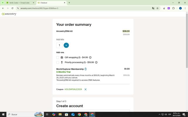 Ancestry.com checkout page showing Ancestry.com coupon code box | Screenshot taken by SimplyCodes community member on Dec 26, 2024