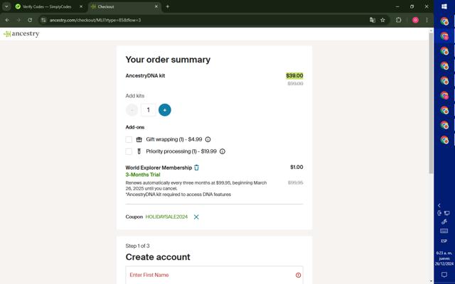 Ancestry.com checkout page showing Ancestry.com coupon code box | Screenshot taken by SimplyCodes community member on Dec 26, 2024