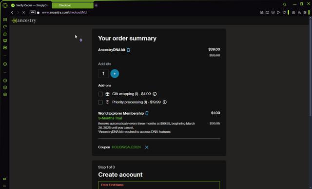 Ancestry.com checkout page showing Ancestry.com coupon code box | Screenshot taken by SimplyCodes community member on Dec 26, 2024
