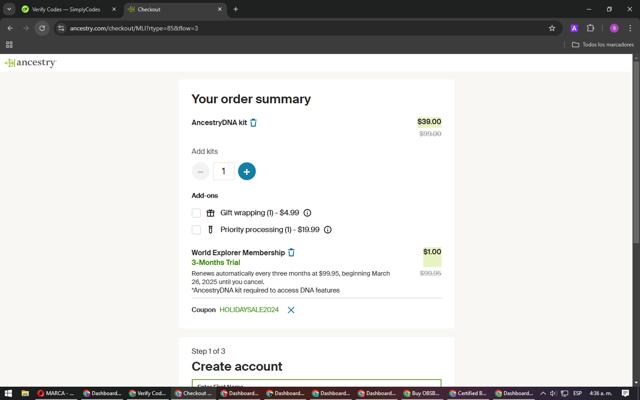 Ancestry.com checkout page showing Ancestry.com coupon code box | Screenshot taken by SimplyCodes community member on Dec 26, 2024