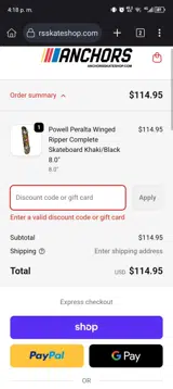 Anchors Skateshop coupon verification screenshot