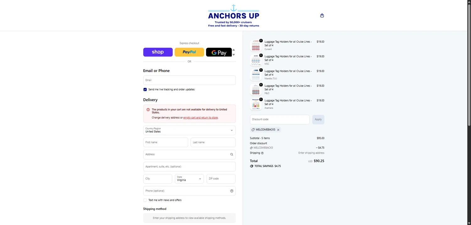 Anchors Up US promo code screenshot showing code WELCOMEBACK5 applied at Anchors Up US checkout page. Uploaded by SimplyCodes community member EpicLegend237 on Jan 30, 2026