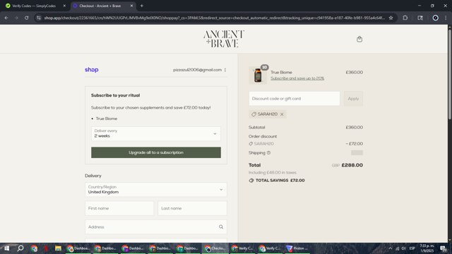 Ancient + Brave checkout page showing Ancient + Brave discount code box | Screenshot taken by SimplyCodes community member on Sep 1, 2025
