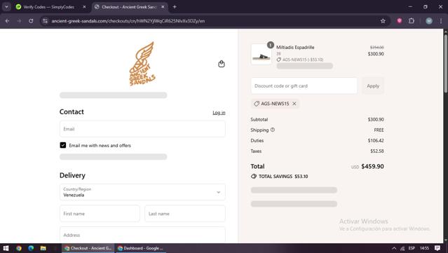 Ancient Greek Sandals checkout page showing Ancient Greek Sandals promo code box | Screenshot taken by SimplyCodes community member on Sep 3, 2025