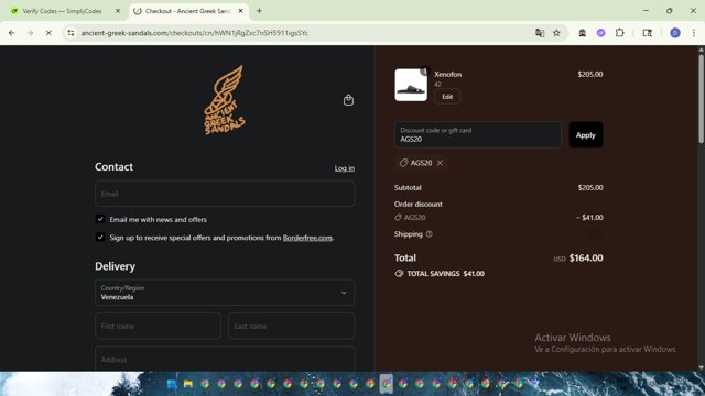 Ancient Greek Sandals checkout page showing Ancient Greek Sandals promo code box | Screenshot taken by SimplyCodes community member on Aug 12, 2025
