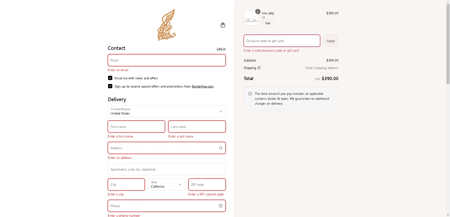 Ancient Greek Sandals promo code screenshot showing code AGS20 applied at Ancient Greek Sandals checkout page. Uploaded by SimplyCodes community member aver_136263192 on Aug 22, 2025
