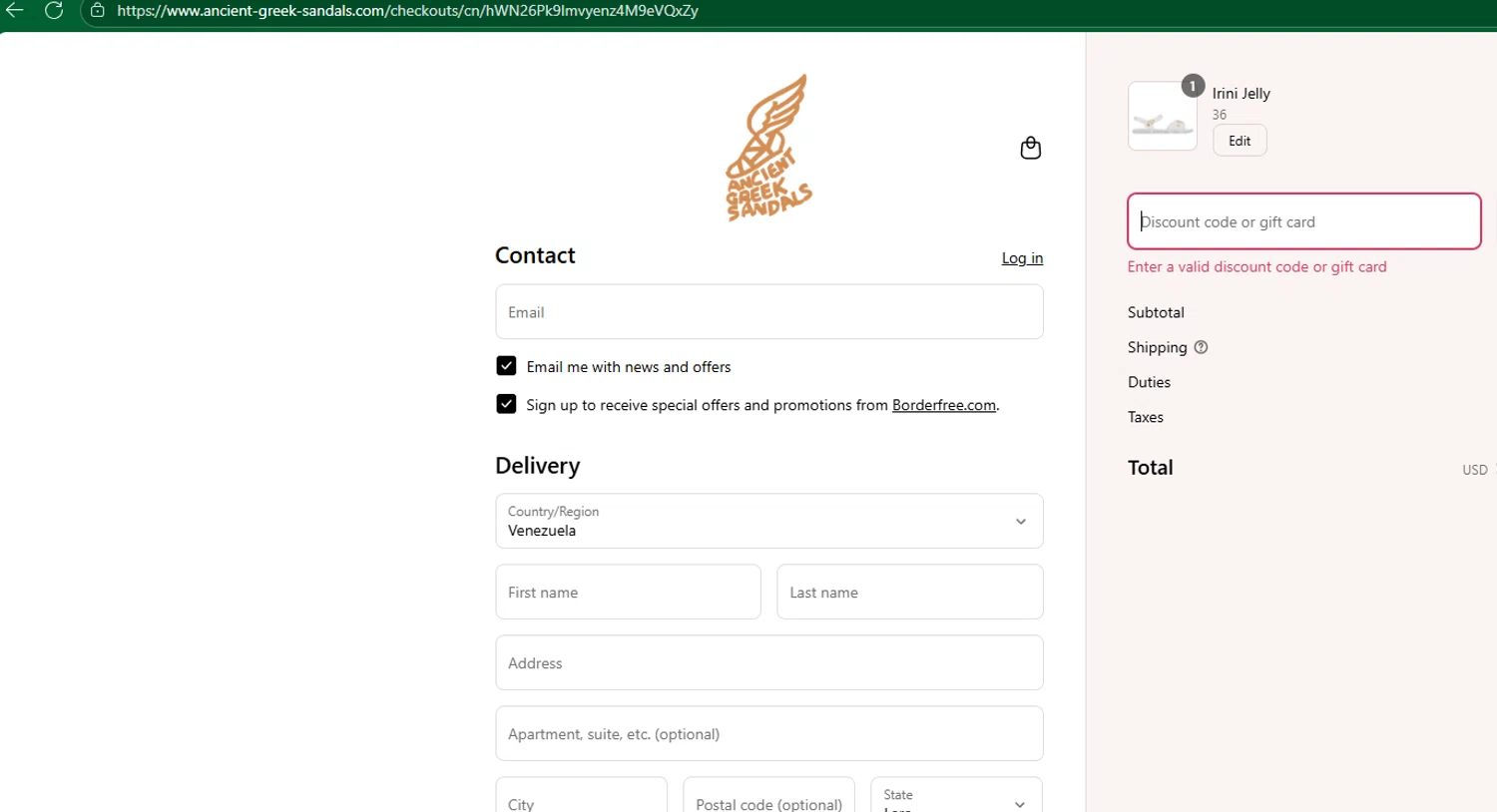 Ancient Greek Sandals promo code screenshot showing code AGS20 applied at Ancient Greek Sandals checkout page. Uploaded by SimplyCodes community member chepipro on Aug 22, 2025