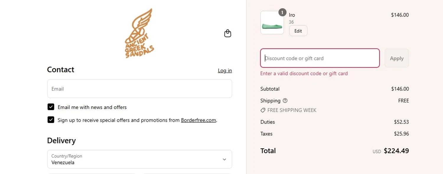 Ancient Greek Sandals promo code screenshot showing code US15OFF applied at Ancient Greek Sandals checkout page. Uploaded by SimplyCodes community member ThornPrincess on Jul 23, 2025