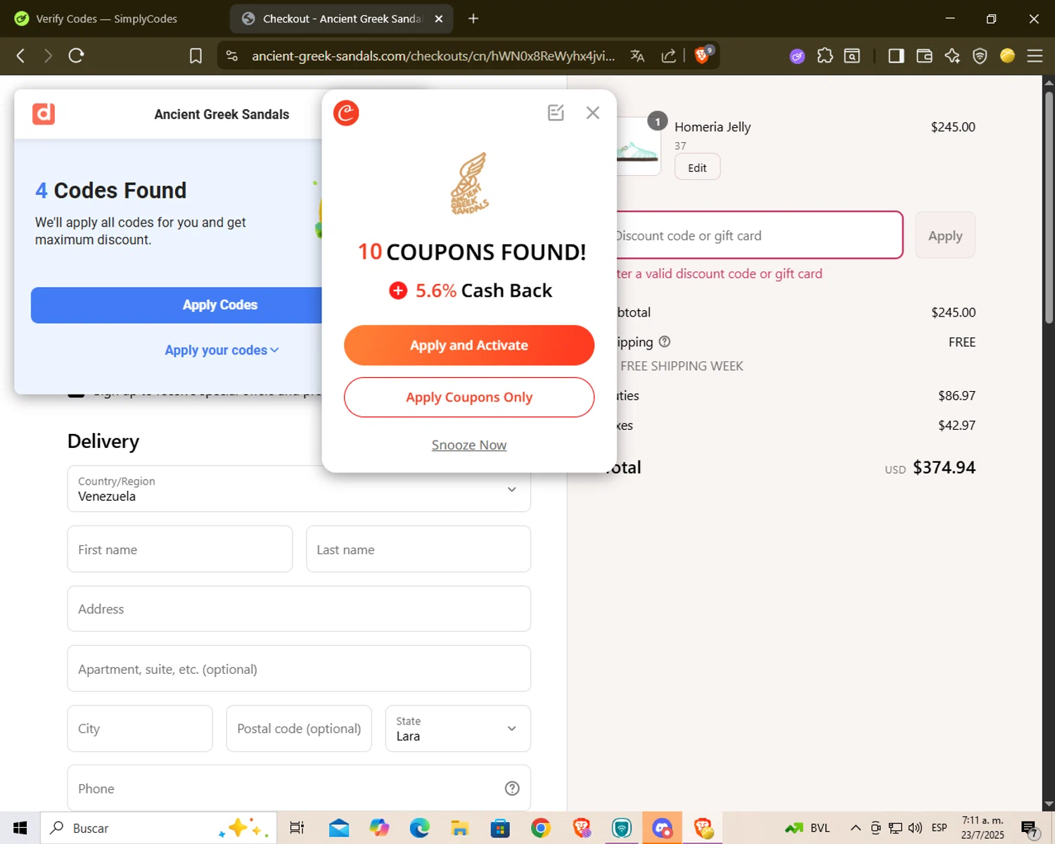 Ancient Greek Sandals promo code screenshot showing code US15OFF applied at Ancient Greek Sandals checkout page. Uploaded by SimplyCodes community member Yure2713 on Jul 23, 2025