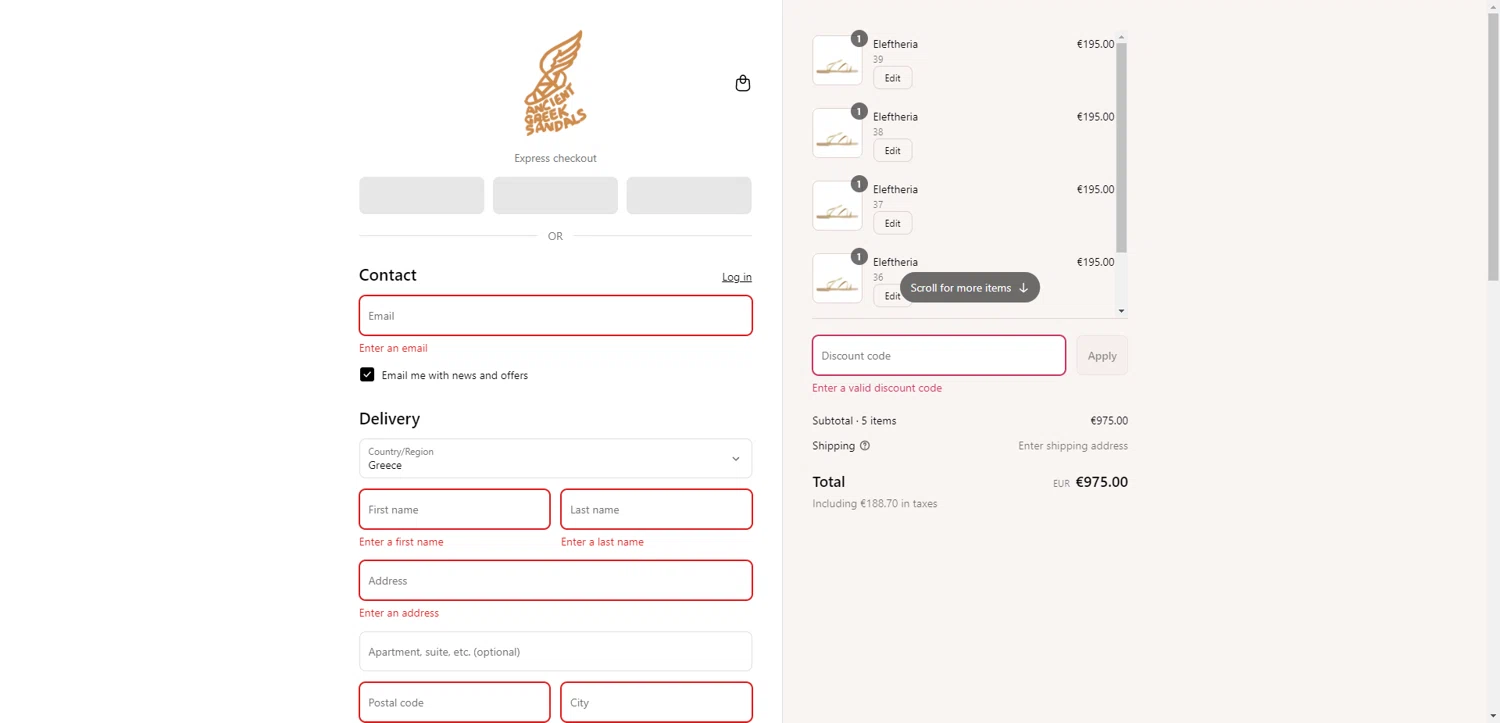 Ancient Greek Sandals promo code screenshot showing code US20OFF applied at Ancient Greek Sandals checkout page. Uploaded by SimplyCodes community member PennyRanger8219 on Jul 10, 2025