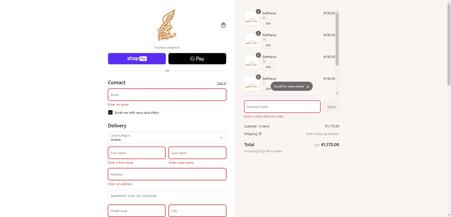 Ancient Greek Sandals promo code screenshot showing code US20OFF applied at Ancient Greek Sandals checkout page. Uploaded by SimplyCodes community member RewardTitan728 on Jul 10, 2025