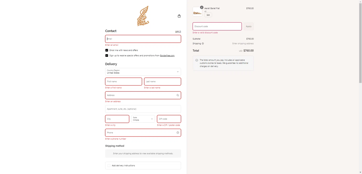 Ancient Greek Sandals promo code screenshot showing code US20OFF applied at Ancient Greek Sandals checkout page. Uploaded by SimplyCodes community member ThriftySentinel6456 on Jul 10, 2025