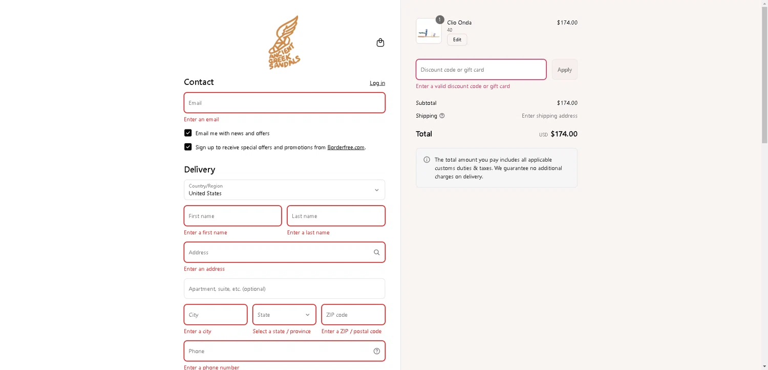 Ancient Greek Sandals promo code screenshot showing code EOS25SLS applied at Ancient Greek Sandals checkout page. Uploaded by SimplyCodes community member BargainCurator5453 on Aug 13, 2025
