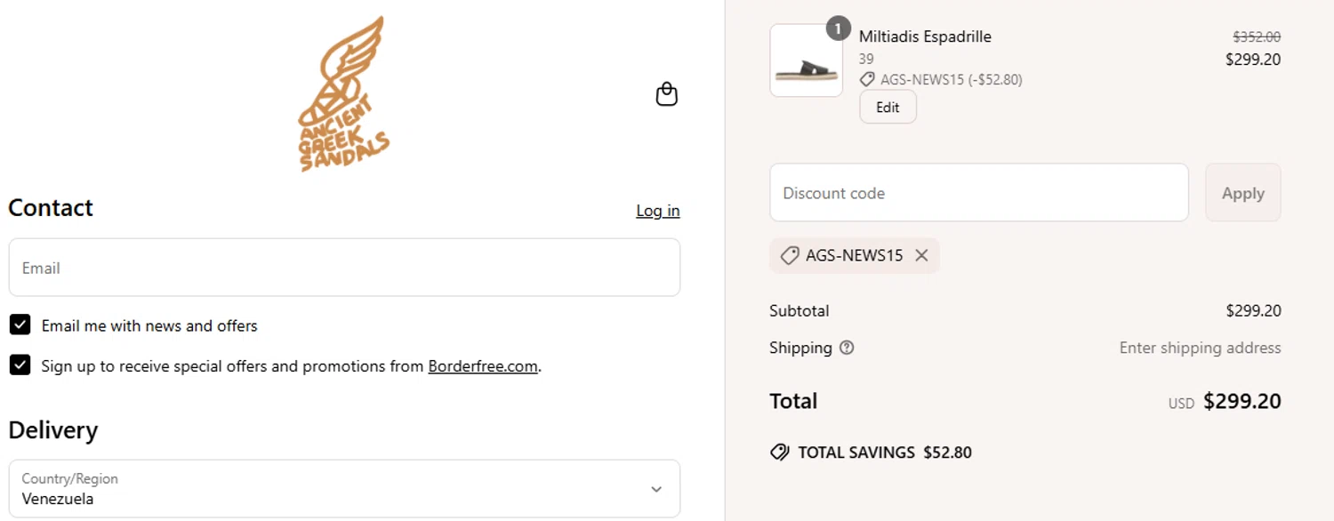 Ancient Greek Sandals promo code screenshot showing code AGS-NEWS15 applied at Ancient Greek Sandals checkout page. Uploaded by SimplyCodes community member MordeKaiser on Jun 13, 2025