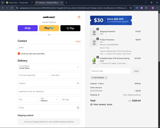 AndaSeat checkout page showing AndaSeat discount code box | Screenshot taken by SimplyCodes community member on Sep 2, 2025