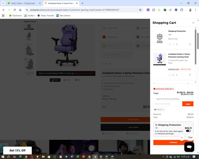 AndaSeat checkout page showing AndaSeat discount code box | Screenshot taken by SimplyCodes community member on Sep 2, 2025