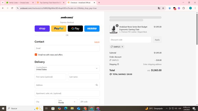 AndaSeat checkout page showing AndaSeat discount code box | Screenshot taken by SimplyCodes community member on Sep 2, 2025