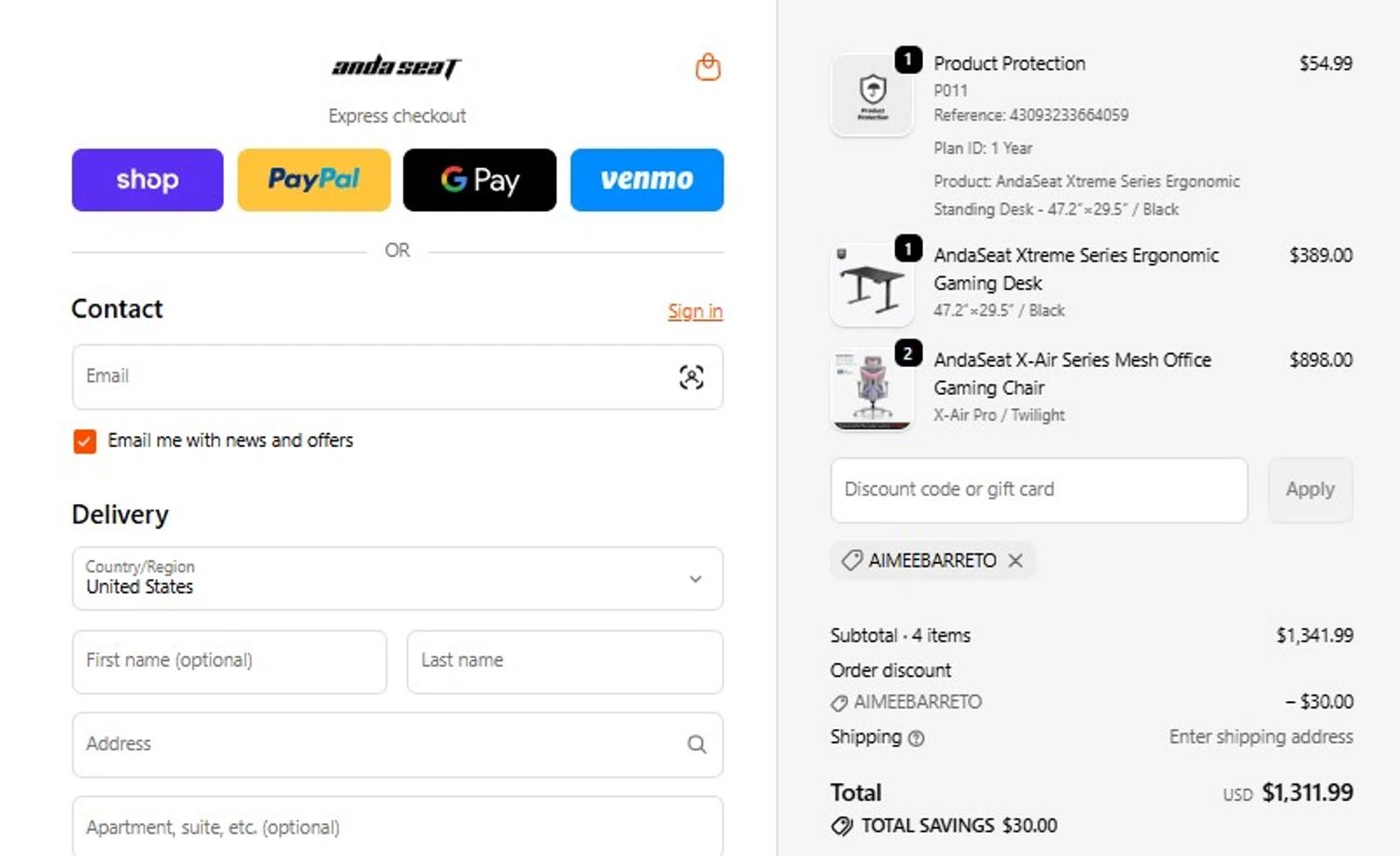 AndaSeat promo code screenshot showing code AIMEEBARRETO applied at AndaSeat checkout page. Uploaded by SimplyCodes community member mandrakke on Jun 17, 2026
