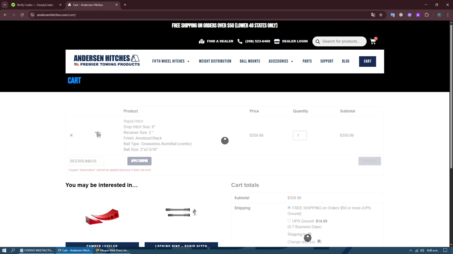 Andersen discount code screenshot showing code BEERRUNBUS applied at Andersen checkout page. Uploaded by SimplyCodes community member EpicDefender5081 on Sep 25, 2025