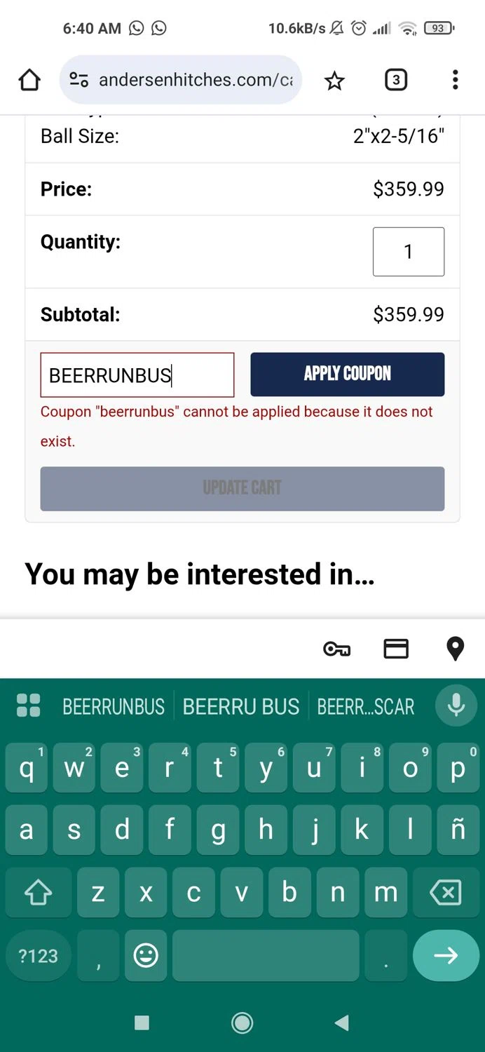 Andersen discount code screenshot showing code BEERRUNBUS applied at Andersen checkout page. Uploaded by SimplyCodes community member Piolin on Sep 25, 2025