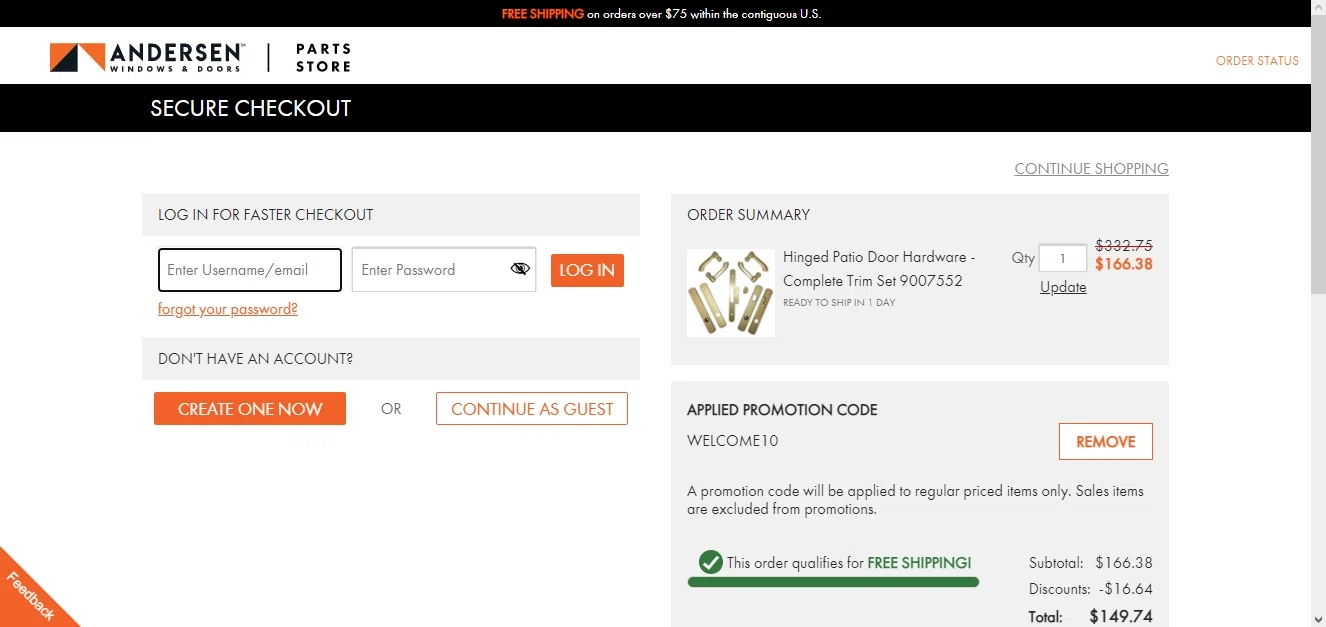 Andersen Windows checkout page showing Andersen Windows promo code box | Screenshot taken by SimplyCodes community member on Nov 13, 2022
