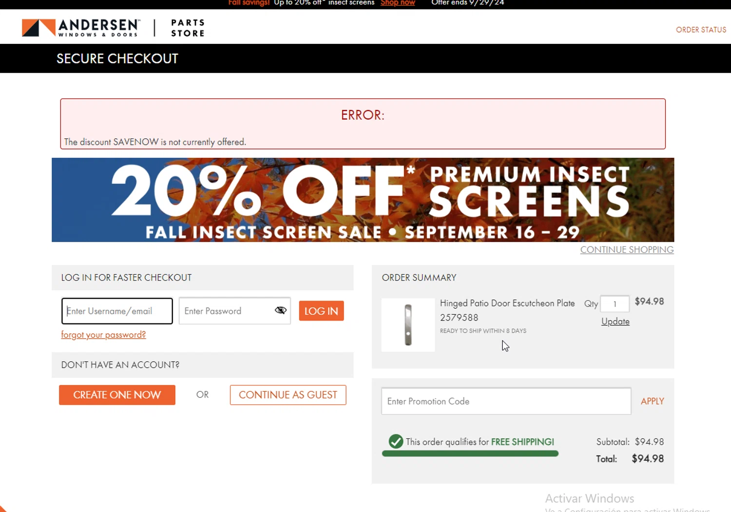 Andersen Windows checkout page showing Andersen Windows promo code box | Screenshot taken by SimplyCodes community member on Sep 21, 2024