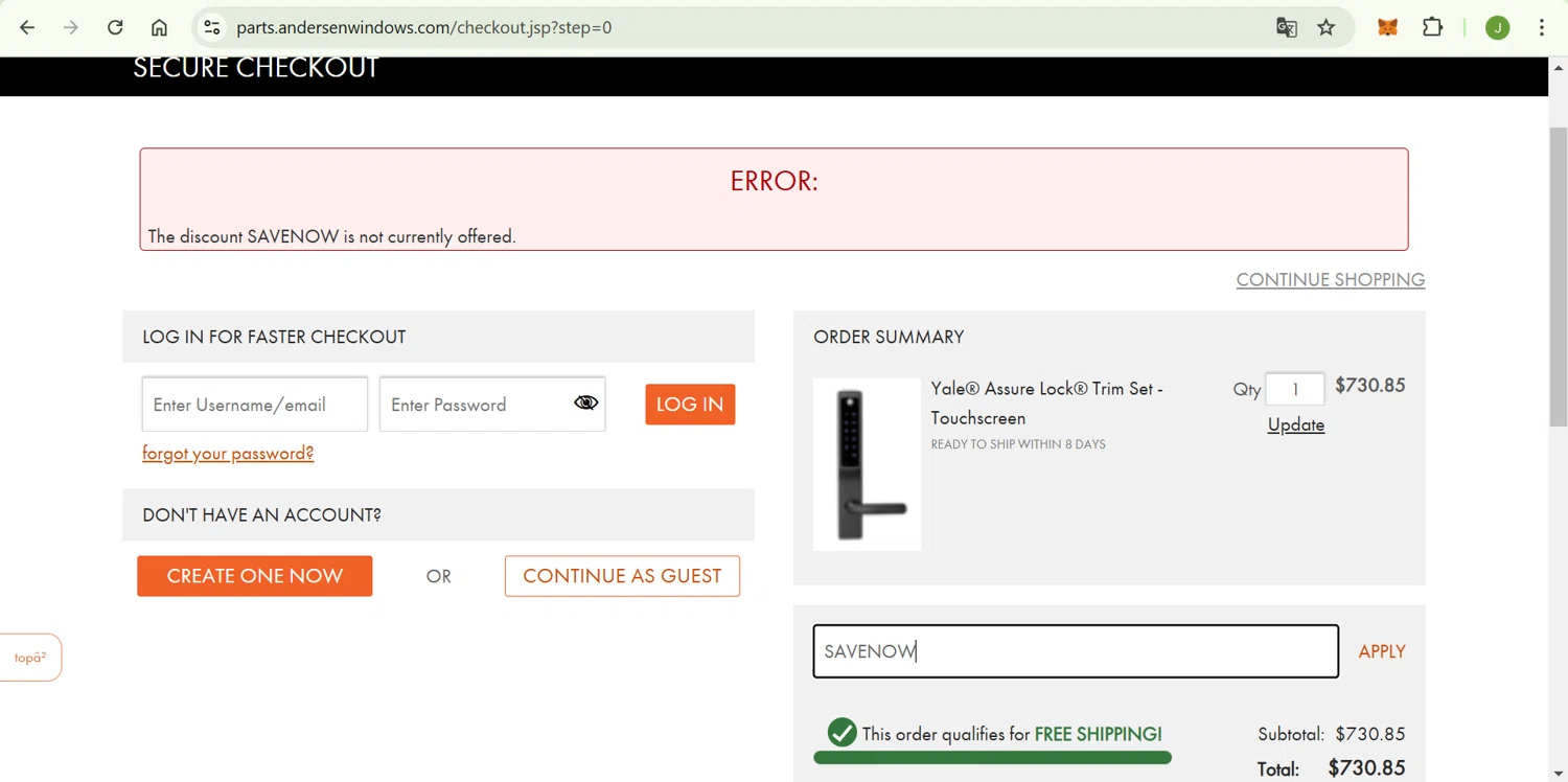 Andersen Windows promo code screenshot showing code SAVENOW applied at Andersen Windows checkout page. Uploaded by SimplyCodes community member ShrewdChaser7973 on Jan 25, 2025