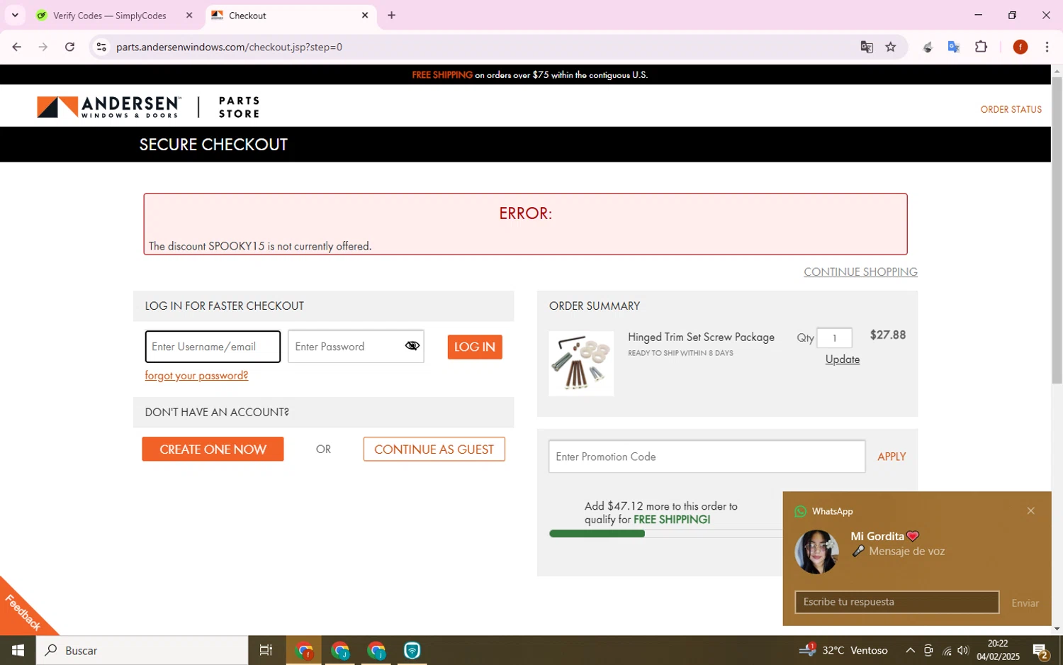Andersen Windows promo code screenshot showing code SPOOKY15 applied at Andersen Windows checkout page. Uploaded by SimplyCodes community member Collug on Feb 5, 2025