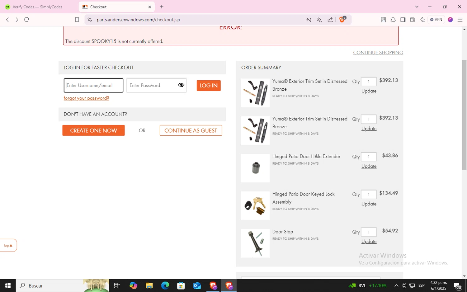 Andersen Windows promo code screenshot showing code SPOOKY15 applied at Andersen Windows checkout page. Uploaded by SimplyCodes community member CodeLynx5272 on Jan 6, 2025