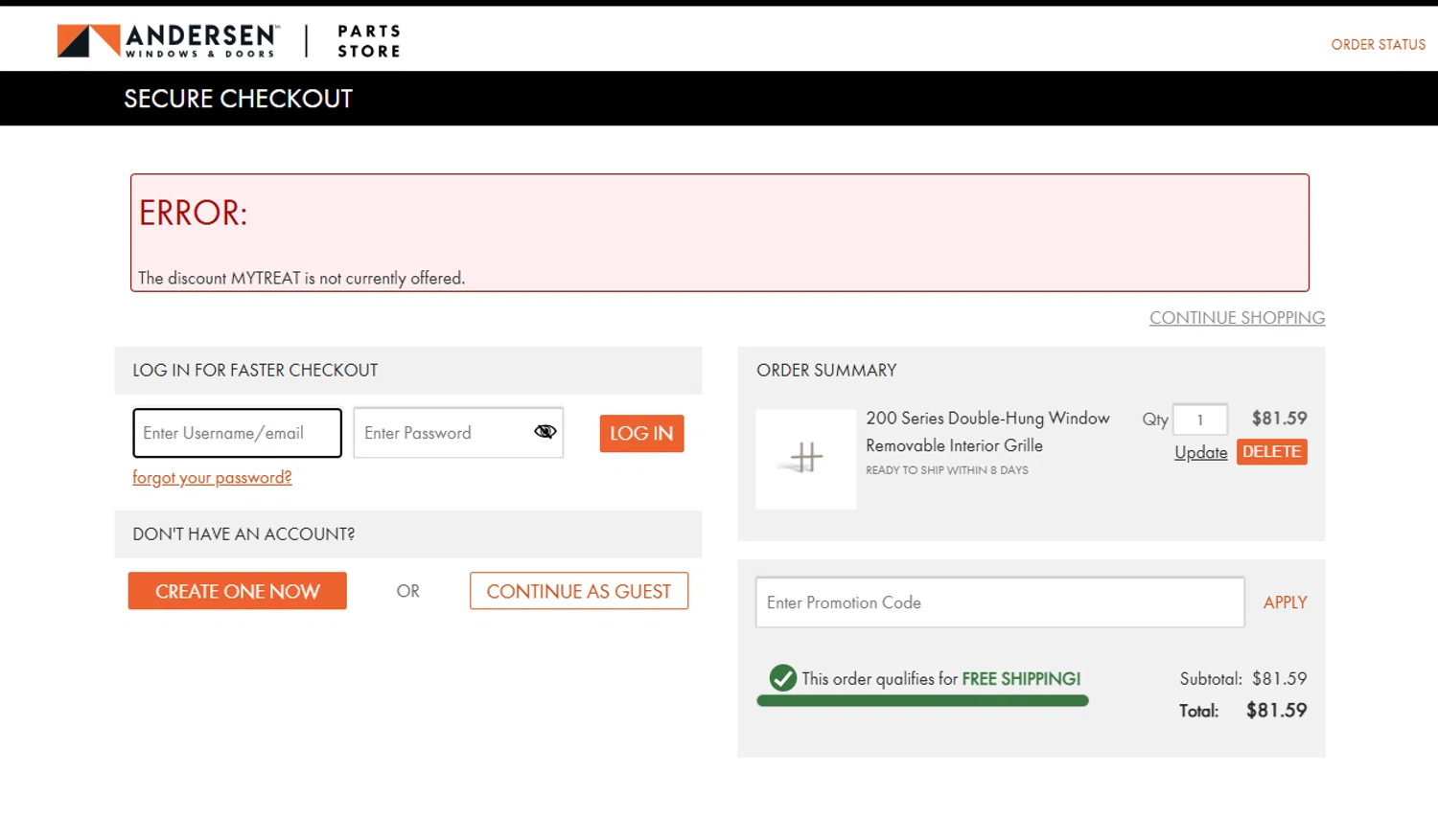 Andersen Windows promo code screenshot showing code MYTREAT applied at Andersen Windows checkout page. Uploaded by SimplyCodes community member TokenNavigator6891 on Mar 6, 2025