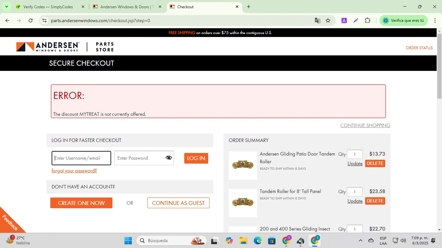 Andersen Windows promo code screenshot showing code MYTREAT applied at Andersen Windows checkout page. Uploaded by SimplyCodes community member ycg487 on Mar 6, 2025