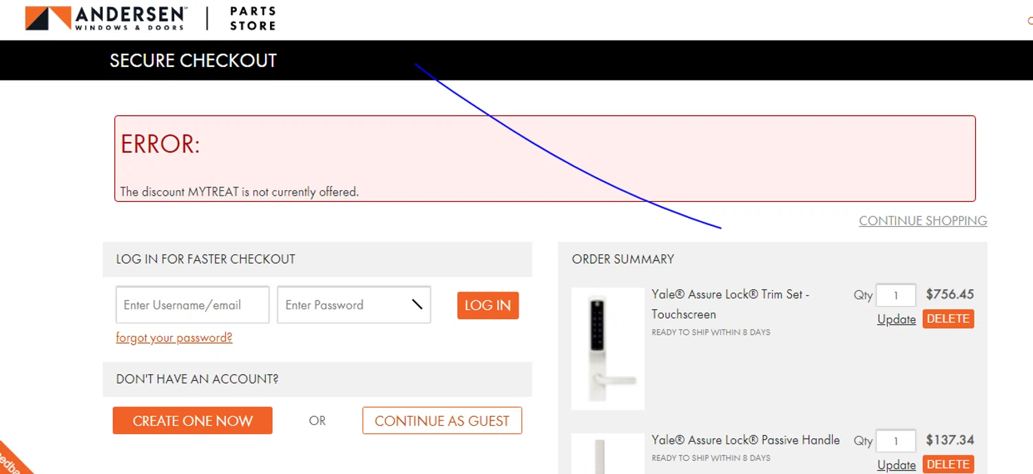 Andersen Windows promo code screenshot showing code MYTREAT applied at Andersen Windows checkout page. Uploaded by SimplyCodes community member MoneyMaven2949 on Mar 6, 2025