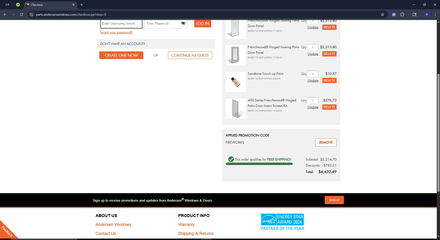 Andersen Windows promo code screenshot showing code FIREWORKS applied at Andersen Windows checkout page. Uploaded by SimplyCodes community member CashCollector4199 on Jul 8, 2025