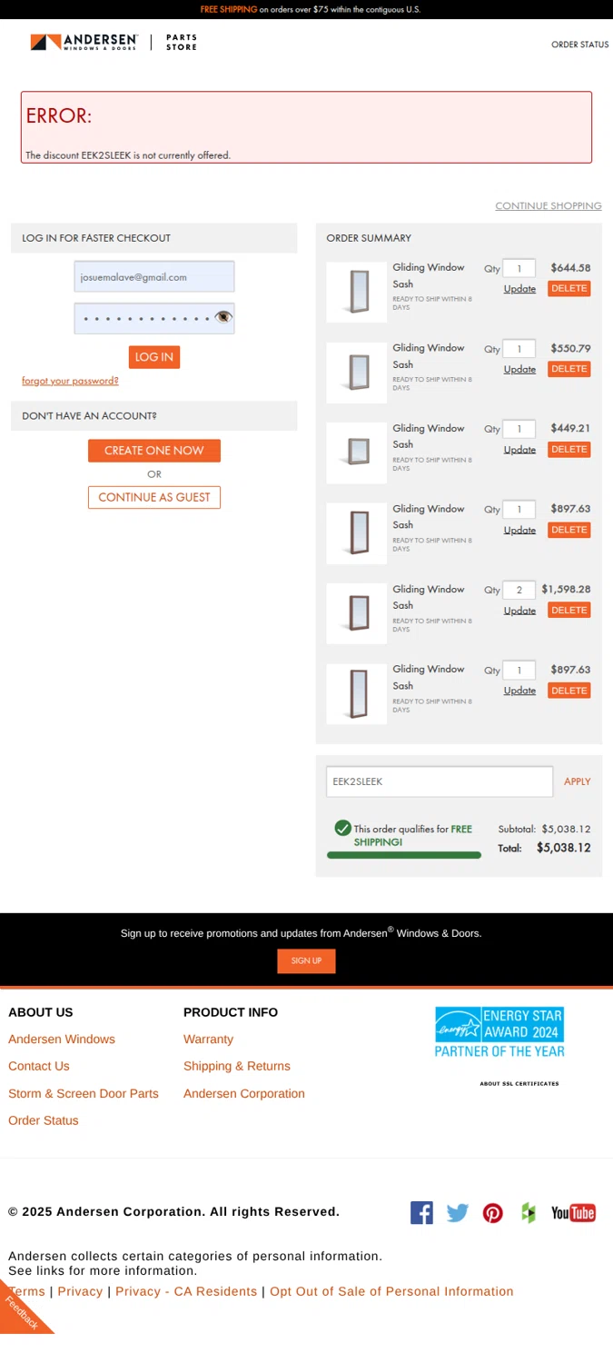 Andersen Windows promo code screenshot showing code EEK2SLEEK applied at Andersen Windows checkout page. Uploaded by SimplyCodes community member Mosue17 on Nov 17, 2025