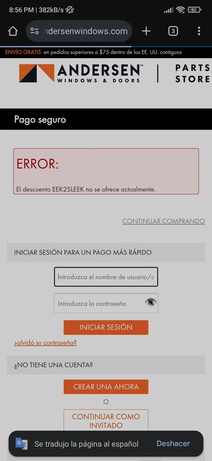 Andersen Windows promo code screenshot showing code EEK2SLEEK applied at Andersen Windows checkout page. Uploaded by SimplyCodes community member Mr_fran on Nov 17, 2025