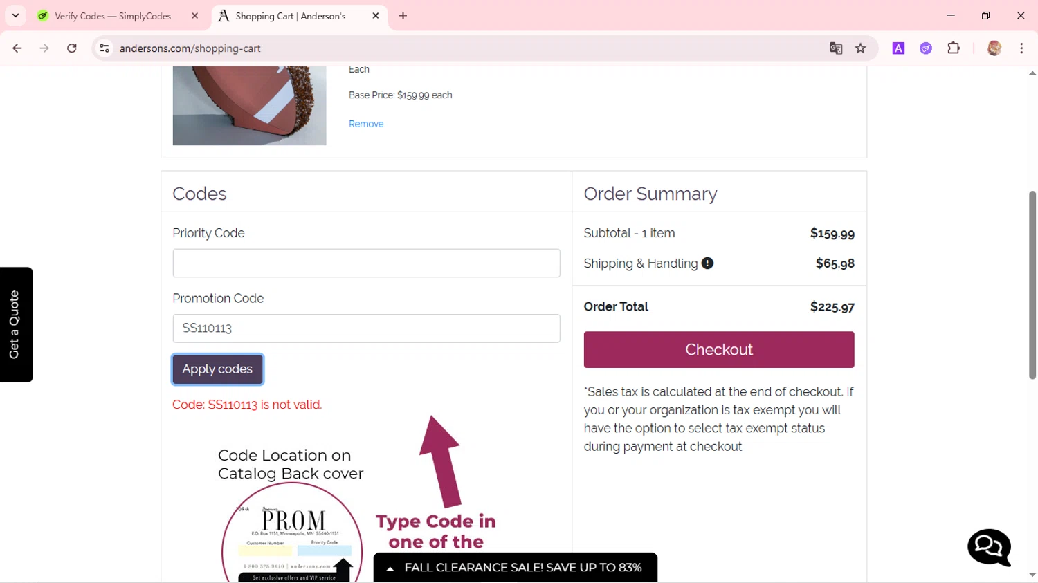 Anderson's coupon code screenshot showing code SS110113 applied at Anderson's checkout page. Uploaded by SimplyCodes community member FortunatePilot2384 on Oct 14, 2025