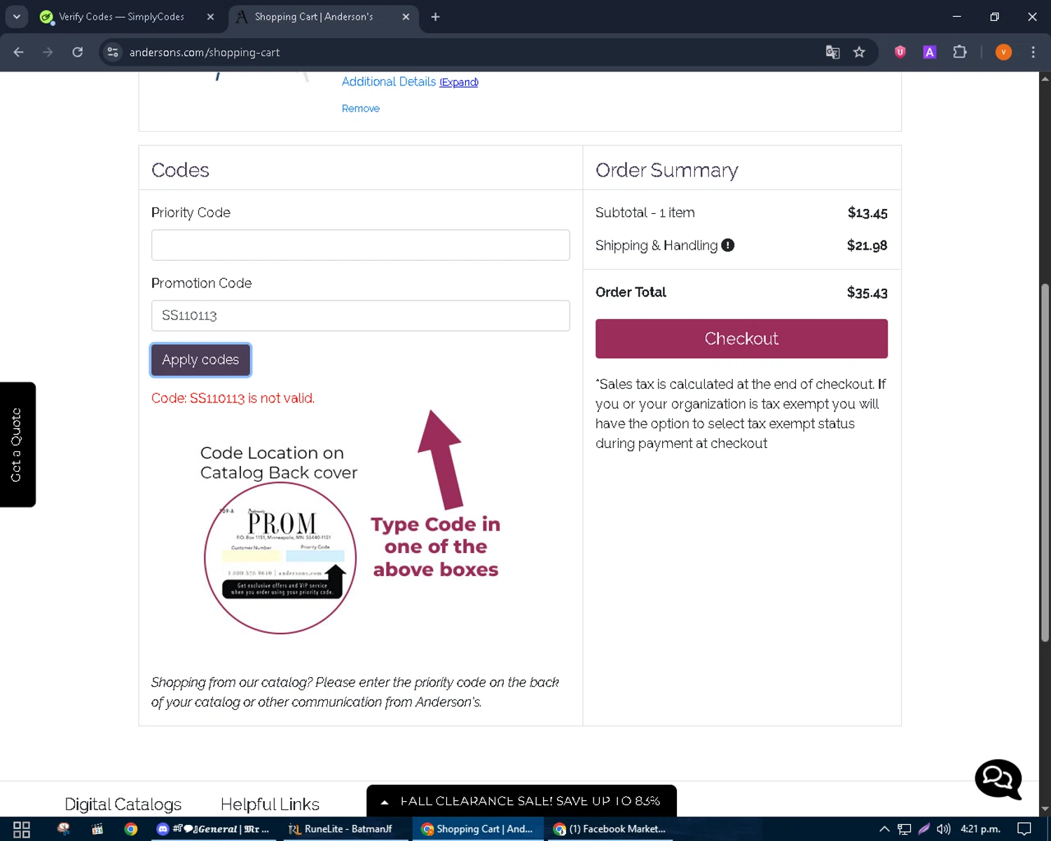 Anderson's coupon code screenshot showing code SS110113 applied at Anderson's checkout page. Uploaded by SimplyCodes community member bulbasaur69 on Oct 14, 2025