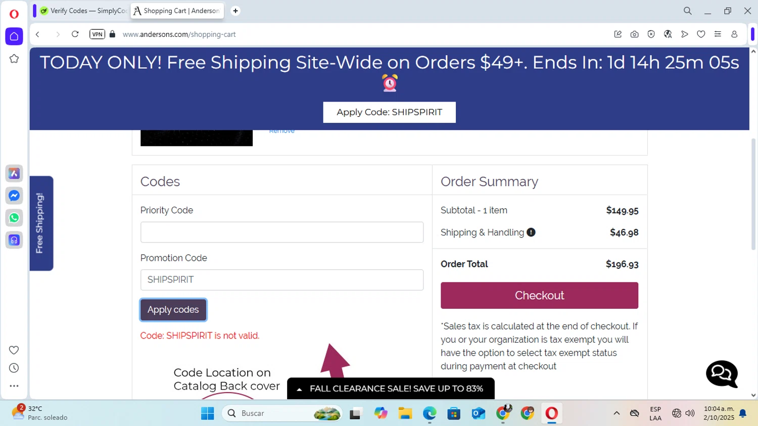 Anderson's coupon code screenshot showing code SHIPSPIRIT applied at Anderson's checkout page. Uploaded by SimplyCodes community member YunoMaria on Oct 2, 2025