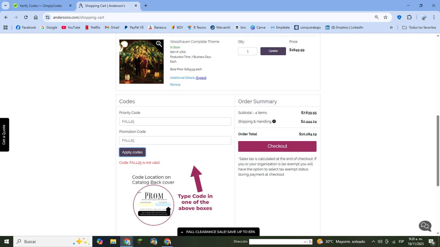 Anderson's coupon code screenshot showing code FALL25 applied at Anderson's checkout page. Uploaded by SimplyCodes community member SilverSpotter4629 on Nov 19, 2025