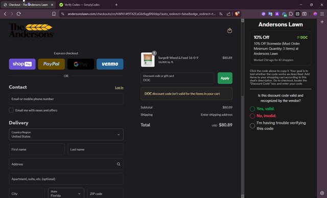 Andersons Lawn checkout page showing Andersons Lawn promo code box | Screenshot taken by SimplyCodes community member on Jul 26, 2025