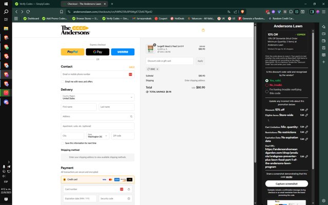 Andersons Lawn checkout page showing Andersons Lawn promo code box | Screenshot taken by SimplyCodes community member on Aug 22, 2025